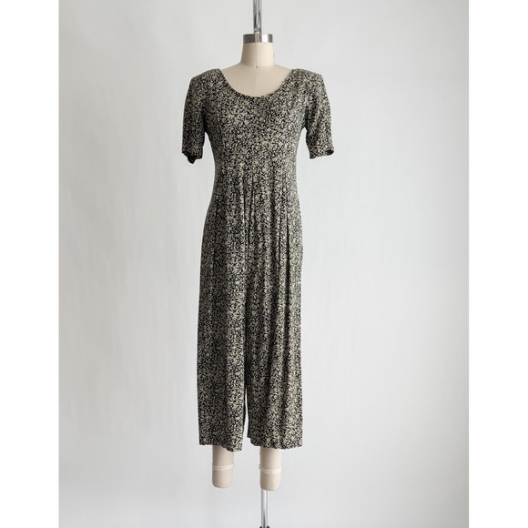 black floral jumpsuit 90s vtg wide leg cropped jumpsuit size M - Picture 2 of 7